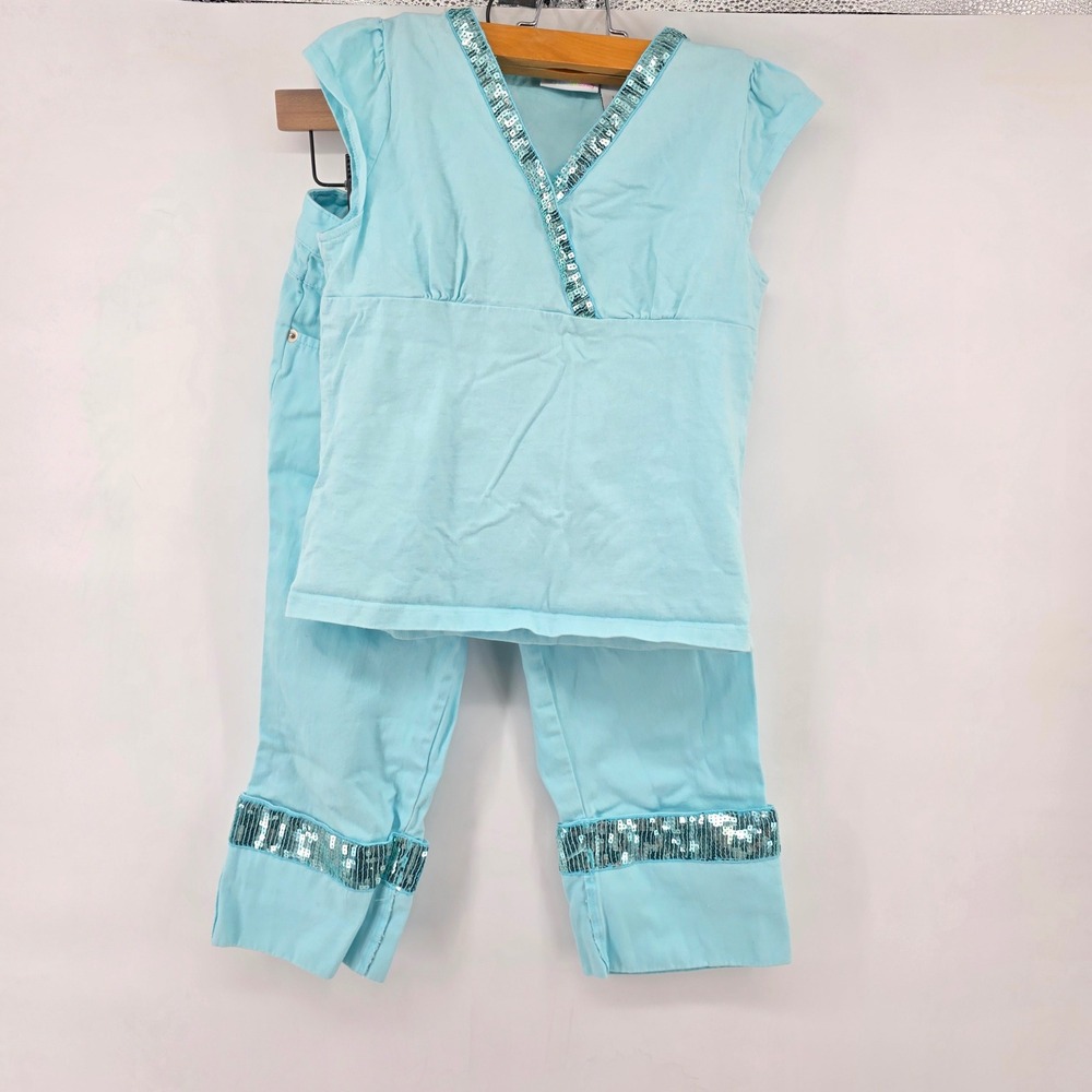 Mary-Kate and Ashley Y2K Aqua Sequin Trim Top and Capris Set Size 10/12